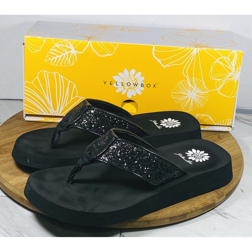 Yellow Box Flip Flops Black Glitter Sparkle Shiny  Comfort Size 7.5